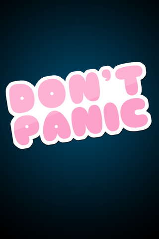 “Don’t Panic” rendered like a glossy sticker in round pink letters against a blue background
