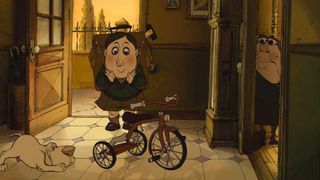 A frame from an animated movie; a small child with an oversized backpack stands in an open door looking at a tricycle, a puppy is crouching down also watching the tricycle, an old woman is peeking around the corner watching the kid’s reaction to the tricycle
