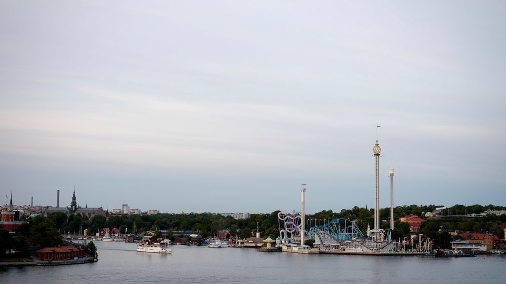 An amusement park surrounded by trees sits at the edge of a large river that occupies the bottom of the frame, three tall thin towers stick up from the park above the horizon; in the distance, the roofs of city buildings can be seen just above the treetops; the top three quarters of the frame is occupied by a dusky blue-gray sky with long thin clouds