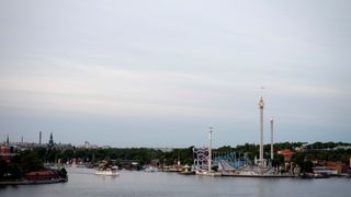 An amusement park surrounded by trees sits at the edge of a large river that occupies the bottom of the frame, three tall thin towers stick up from the park above the horizon; in the distance, the roofs of city buildings can be seen just above the treetops; the top three quarters of the frame is occupied by a dusky blue-gray sky with long thin clouds