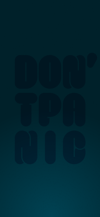 The nine letters of the phrase “Don’t Panic” arraned in a 3×3 grid with low contrast against the background