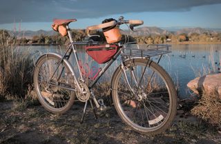 A blue bike with a chrome front rack and several frame bags parked in front of a lake with a mountain range in the background