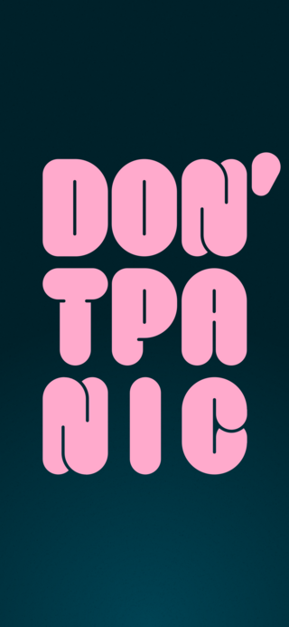 The nine letters of the phrase “Don’t Panic” arranged in a 3×3 grid in pink