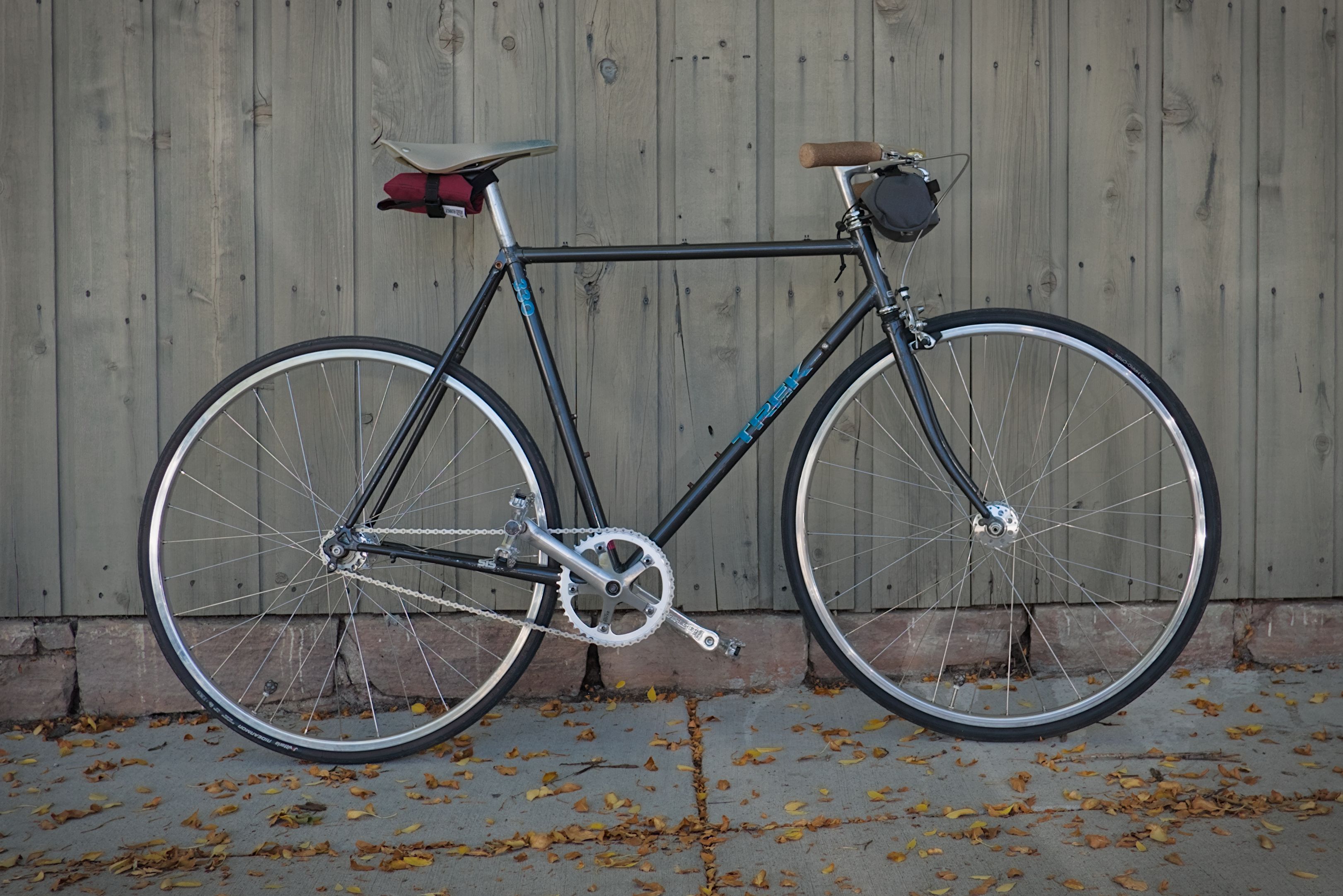 A dark framed, fixed gear bike leans against a wood wall, the sidewalk is strewn with leaves